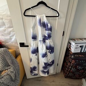 White Halter Midi Dress with Purple Floral Print